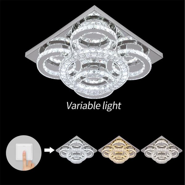 Krystal LED Loftlampe, 3 Farver Skiftbare, Rustfrit Stål og Krystal Materiale,5 lys firkant, 3 farver skiftbare
