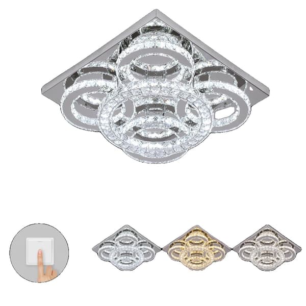 Krystal LED Loftlampe, 3 Farver Skiftbare, Rustfrit Stål og Krystal Materiale,5 lys firkant, 3 farver skiftbare