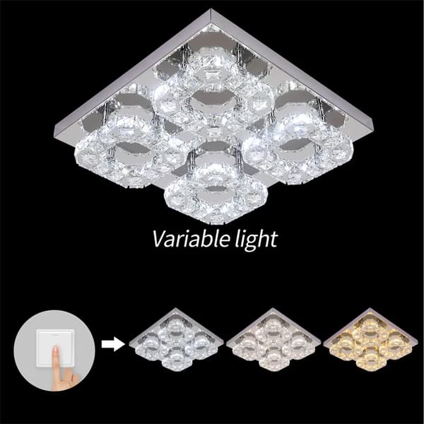 Krystal LED Loftlampe, 3 Farver Skiftbare, Rustfrit Stål og Krystal Materiale,4 lys firkant, 3 farver skiftelige