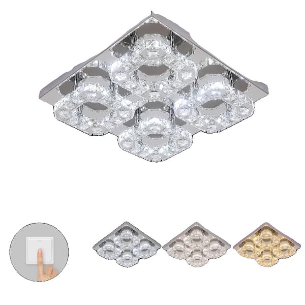 Krystal LED Loftlampe, 3 Farver Skiftbare, Rustfrit Stål og Krystal Materiale,4 lys firkant, 3 farver skiftelige