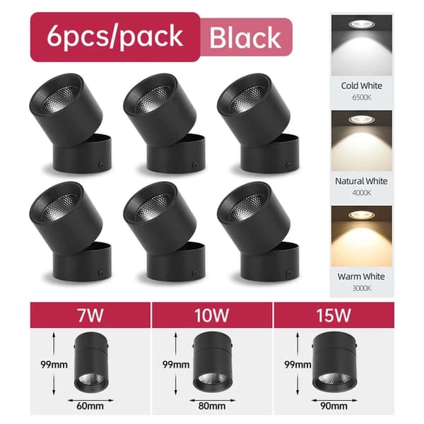 LED-alasvalo, taitettava muotoilu, COB-tekniikka, 6 kpl musta runko, 15W, luonnonvalo
