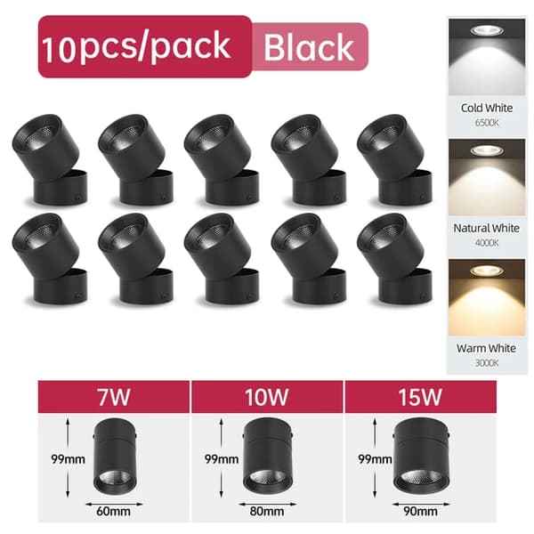 LED-alasvalo, taitettava muotoilu, COB-tekniikka, 10 kpl musta runko, 15W, luonnonvalo