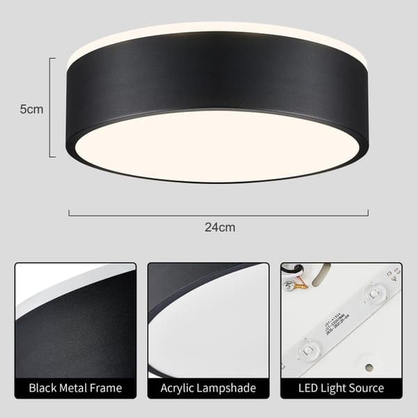 Bomclap Svart LED-taklampa, minimalistisk plafond,Taklampa 3 färgtemperaturer, 24 cm Lämplig för sovrum Balkong Matsal Study