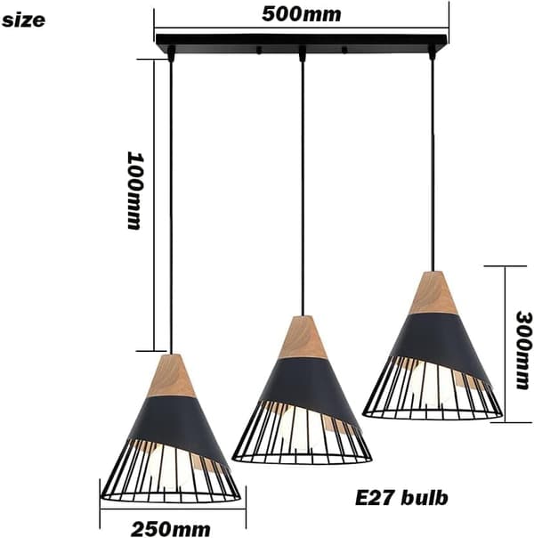 OBOSOE Industriloftlampe 3-lys E27, badmintonformet 25 cm i metal og træ