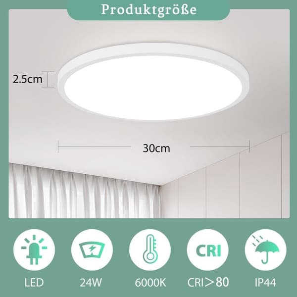 OBOSOE LED taklampa 24W 30cm IP44 – Vit rund plafond för kök, badrum, barnrum