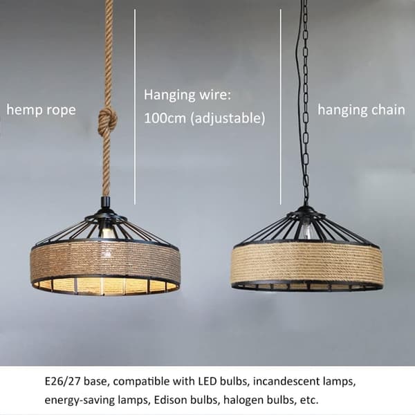 OBOSOE Retro Hamp Reb Pendellampe – Sort Metal Loftslampe til Gang, Køkken, 220V E27