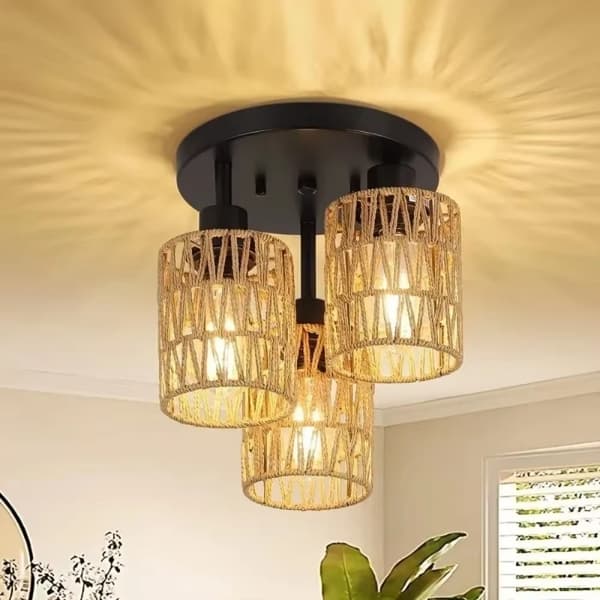 Handgjord Rattan Taklampa, Vävd Hampadesign, E27 Sockel, 3 Ljuskällor,Ingen lampa