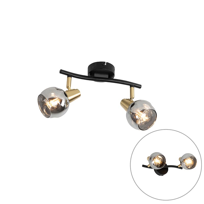 Art Deco taklampa svart med rökglas 2-ljus - Vidro