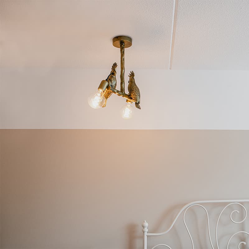 Vintage mässing taklampa 2-ljus - Papegoje