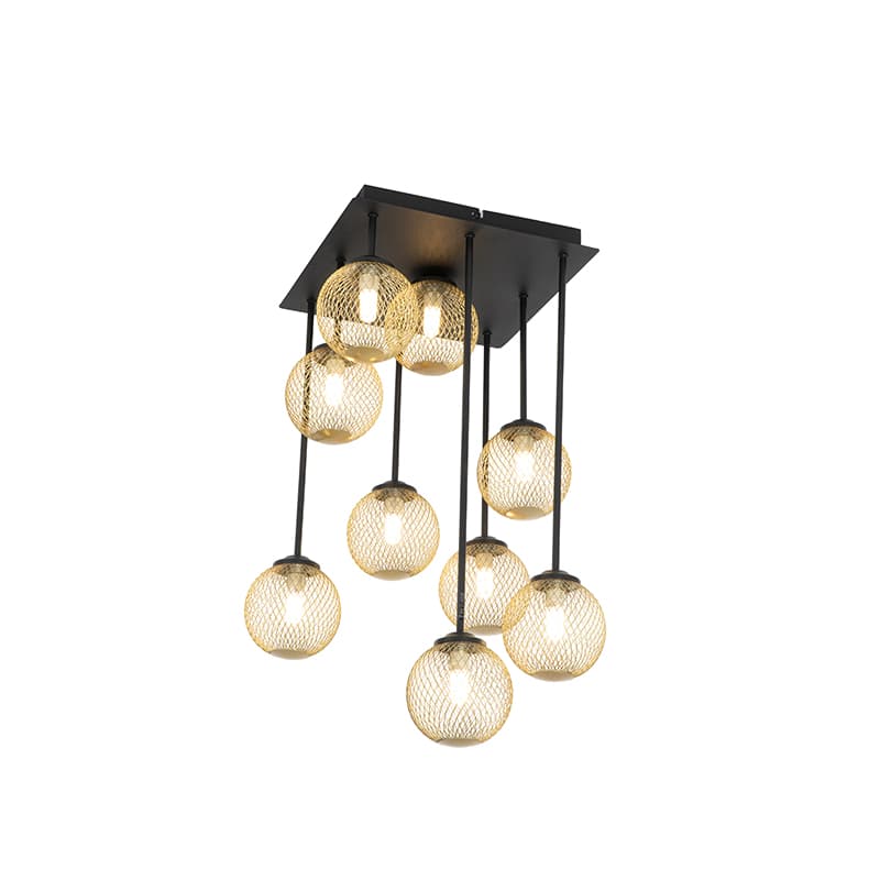 Art Deco taklampa svart med 9-ljus guld - Athens Wire