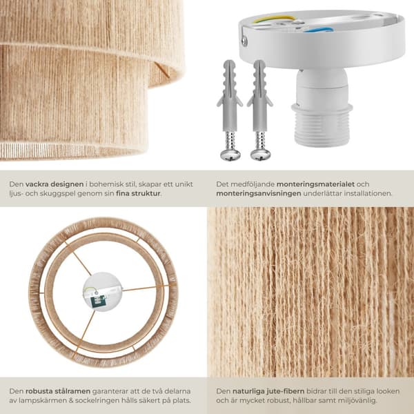 Taklampa Lignea Lux av jute i boho-stil, 40W - brun