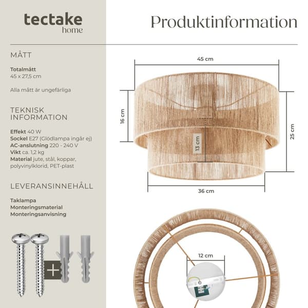 Taklampa Lignea Lux av jute i boho-stil, 40W - brun