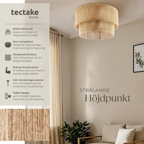 Taklampa Lignea Lux av jute i boho-stil, 40W - brun