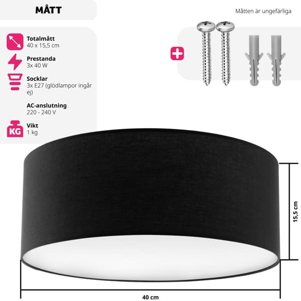 Taklampa Circum, plafond i linne - svart