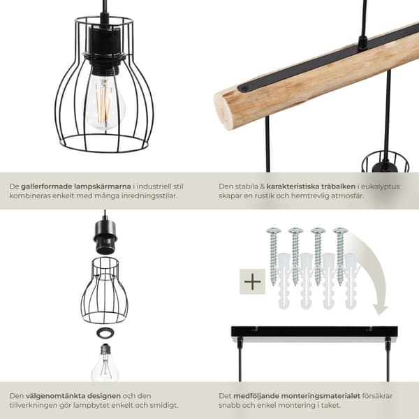 Taklampa Woody, med träbalk, 40 W - svart/brun