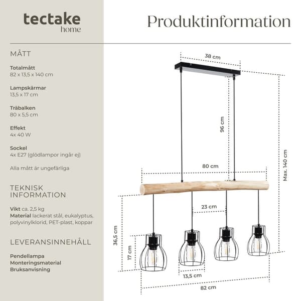 Taklampa Woody, med träbalk, 40 W - svart/brun