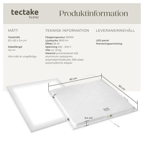 LED-panel Lucerna, ultratunn, varmvit, strömsnål - 62 x 62 cm