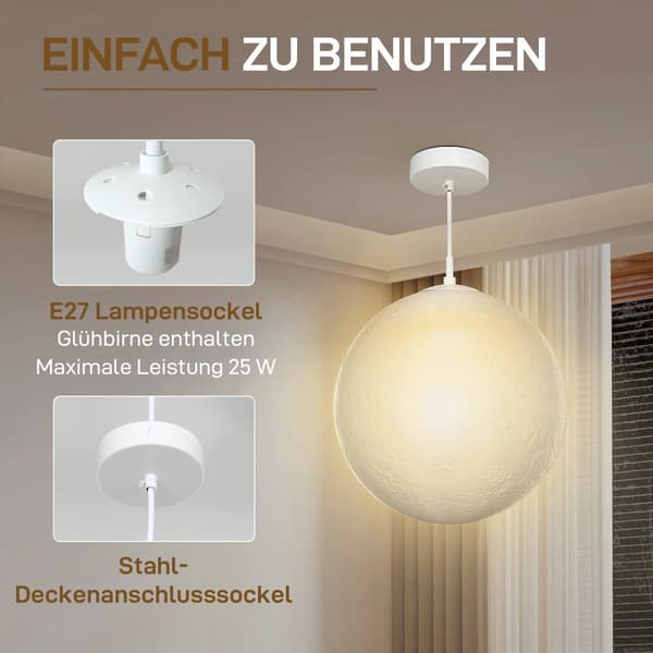 Pendel Lampe, 3D Mond, 30x30x30 cm, Hvid