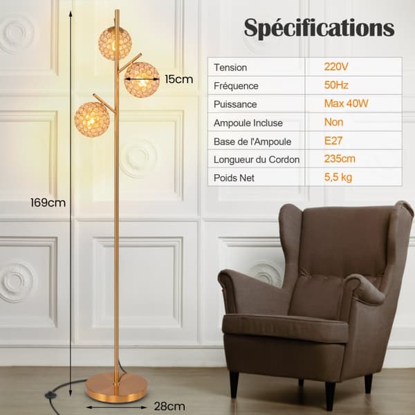 Gulvlampe, 28x28x169 cm, Guld