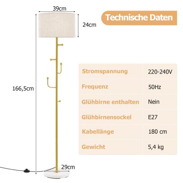 Gul Hvid Beige Gulv Lampe Tøjstativ, 29x166.5 cm
