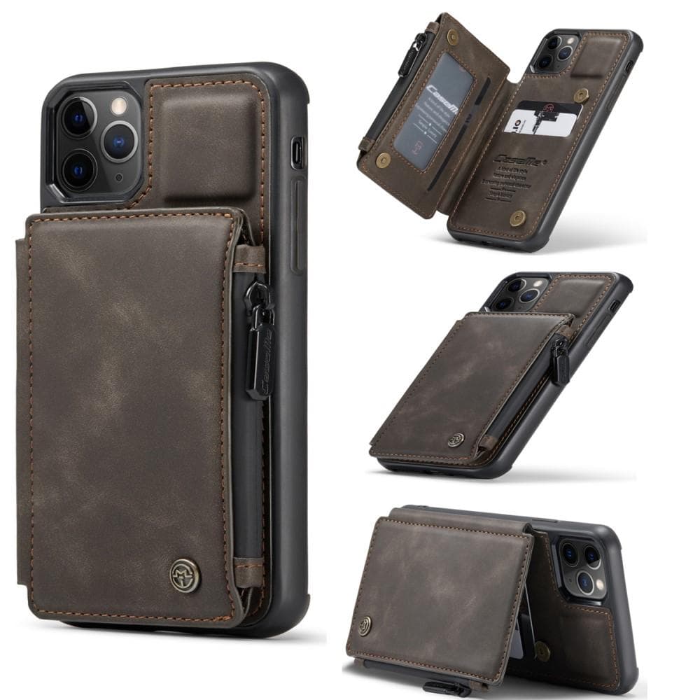 CASEME Lærdeksel med Kortholder for iPhone 11 Pro Max - Mørkebrun