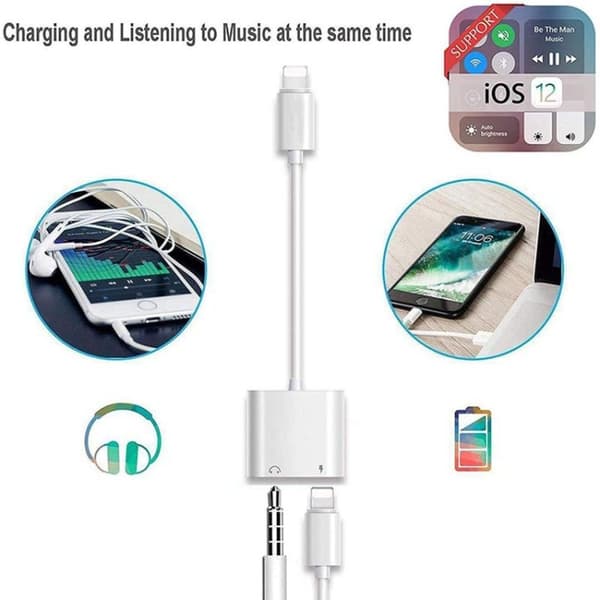 Opladnings- og hovedtelefonadapter - Lightning til 3,5 mm og Lightning-port til samtidig musik og opladning