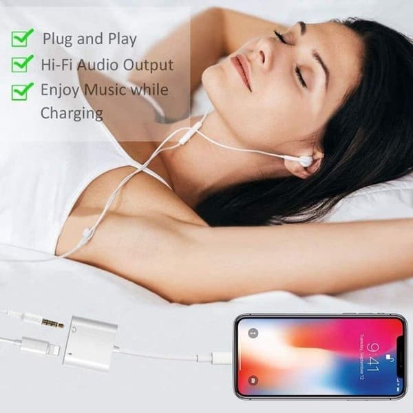 Opladnings- og hovedtelefonadapter - Lightning til 3,5 mm og Lightning-port til samtidig musik og opladning