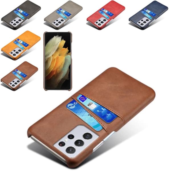 Samsung S21 Ultra skal fodral skydd skinn kort visa mastercard Mörkbrun