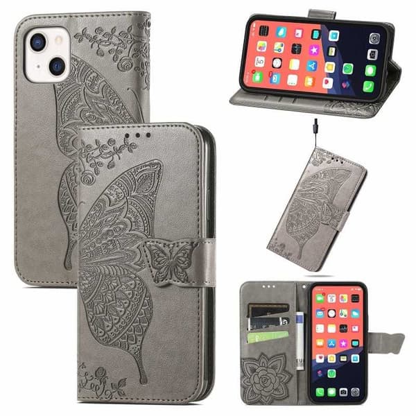 iPhone 13 Lompakkokotelo PU-nahkaa 4-POCKET Motif Butterfly