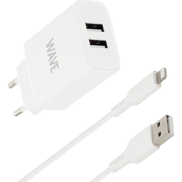 Wave oplader 2 x USB + Lightning-kabel, 15 W, hvid