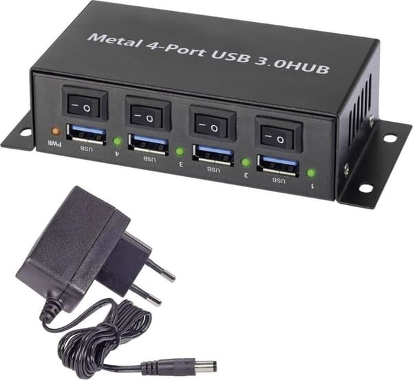 Renkforce 4-portar USB 3.0-nav Stålhölje, individuellt anslutningsbar, alternativ för väggfäste Svart