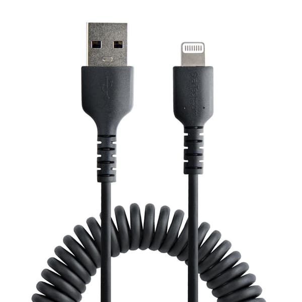 StarTech.com 50 cm USB till Lightning-kabel - Spolad kabel - MFi-certifierad - Snabbladdningskabel för iPhone/iPad - Svart - Robust TPE-jacka med aram