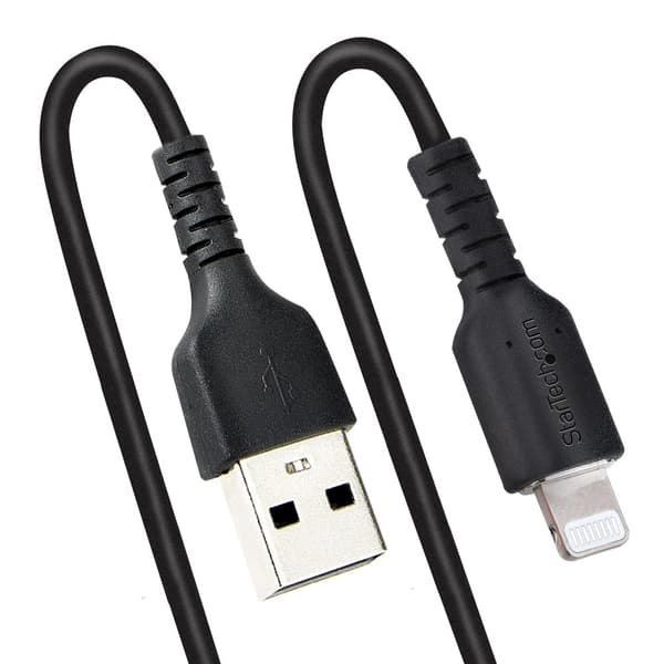 StarTech.com 50 cm USB till Lightning-kabel - Spolad kabel - MFi-certifierad - Snabbladdningskabel för iPhone/iPad - Svart - Robust TPE-jacka med aram