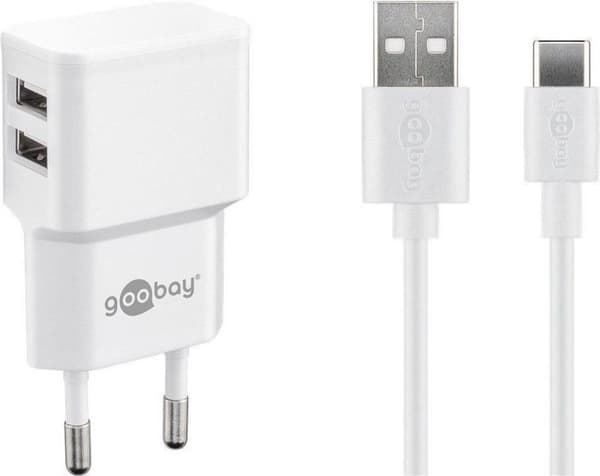 Goobay USB-A hjemmeoplader med 2 porte og separat USB-C kabel - 2,4A / hvid - 1 meter Hvid