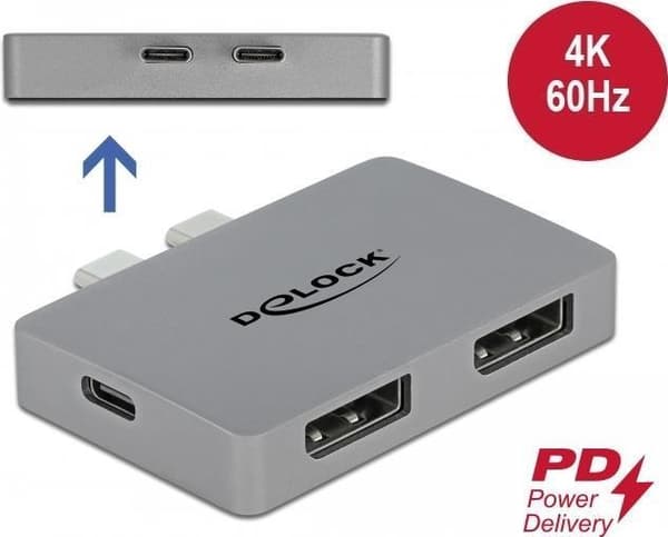 DeLOCK - DisplayPort-sovitin - USB-C (M) DisplayPortiin, USB-C virransyötöllä (W) - 4K60Hz (3840 x 2160) tuki, Power Delivery 3.0 -tuki - Harmaa (6400 Grå