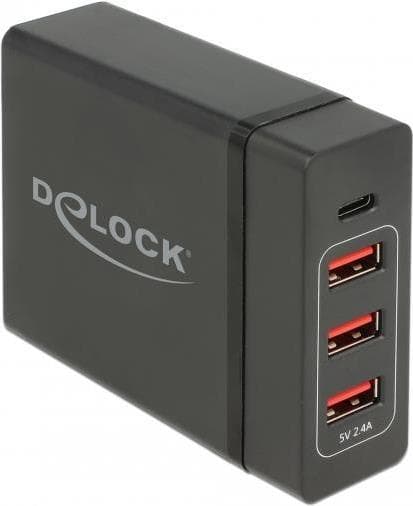DeLOCK USB-oplader 1 x USB Type-C PD + 3 x USB Type-A 60 W - Strømadapter - AC 100-240 V - 60 Watt - Udgangsstik: 4 - Sort