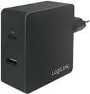 LogiLink USB-C 2-ports vægoplader - strømadapter - 65 Watt - 3,25 A - 2 udgangsporte (USB, USB-C) - sort - Europa Sort