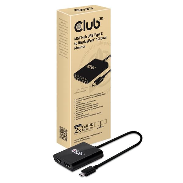 Club 3D SenseVision MST Hub USB Typ C till DisplayPort 1.2 Dual Monitor - Extern videoadapter - USB Type-C - 2 x DisplayPort (CSV-1545)