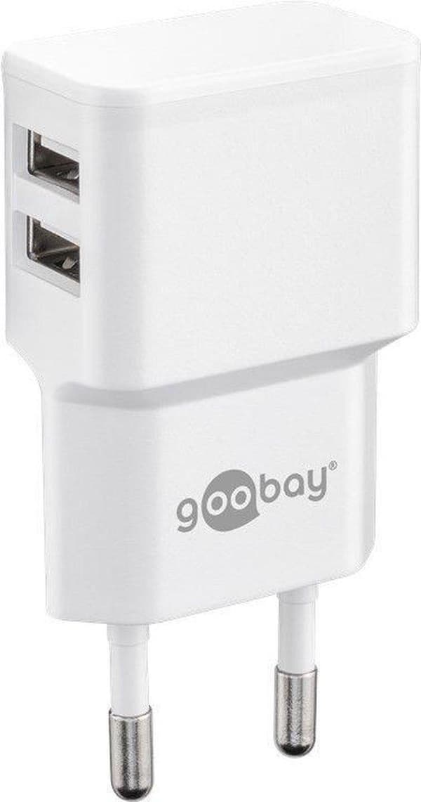 Nedis Goobay USB-A hjemmeoplader med 2 porte og separat 8-bens Lightning - USB kabel - 2,4A / hvid - 1 meter