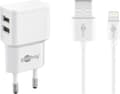 Miniatyrbillede 1 af 7: Nedis Goobay USB-A hjemmeoplader med 2 porte og separat 8-bens Lightning - USB kabel - 2,4A / hvid - 1 meter