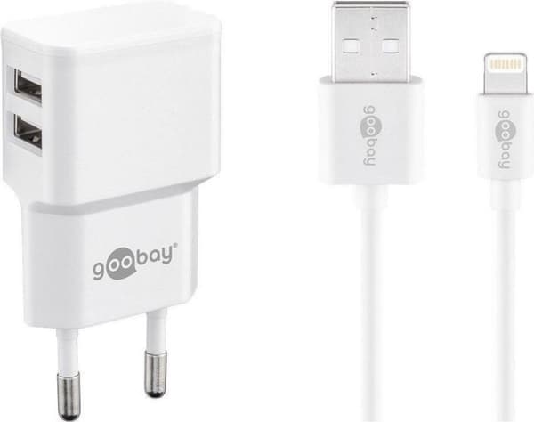 Nedis Goobay USB-A hjemmeoplader med 2 porte og separat 8-bens Lightning - USB kabel - 2,4A / hvid - 1 meter Hvid