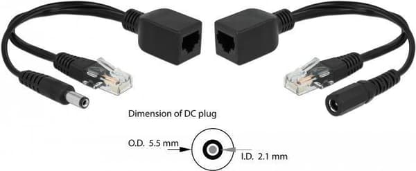 DeLOCK Passive PoE Adapter Sæt RJ45 DC 5,5 x 2,1 mm - Power Injector - Sort (pakke med 2) (66023)