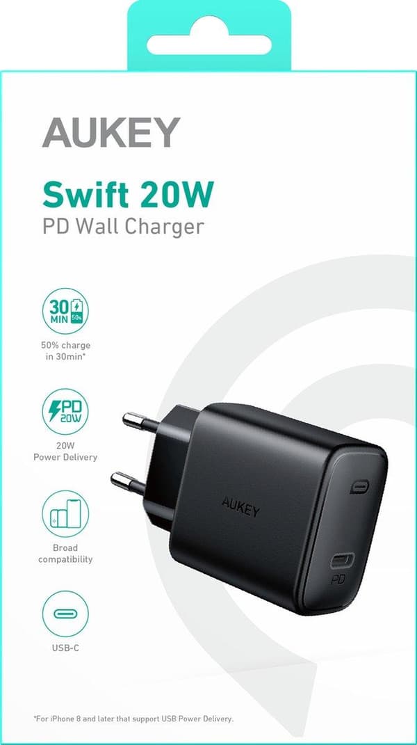 AUKEY PA-F1S Swift mobilenhedsoplader Sort 1xUSB C Strømforsyning 3.0 20W 3A