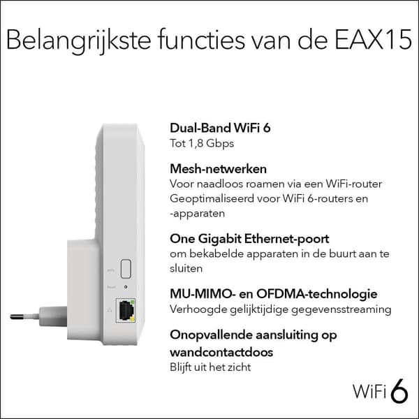 Netgear EAX15 - Mesh WiFi Extender - Dual-Band - 1800 Mbps - WiFi 6