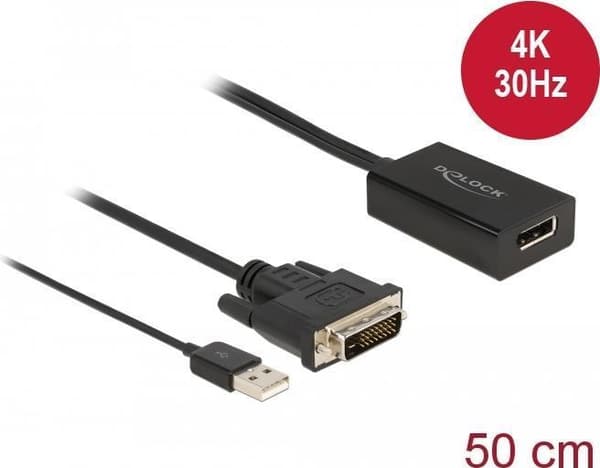Delock - Adapterkabel - DVI-D, USB (kun strøm) (M) til DisplayPort (W) - DisplayPort 1,2 - 50 cm - understøttelse af 4K 30 Hz - sort (63189)