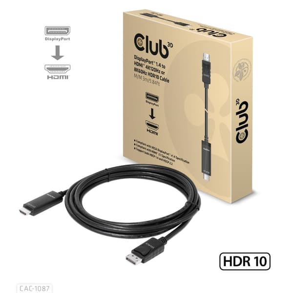 CLUB3D DisplayPort 1.4 - HDMI 4K120Hz tai 8K60Hz HDR10 Kaapeli M/M 3m/9.84ft (CAC-1087)