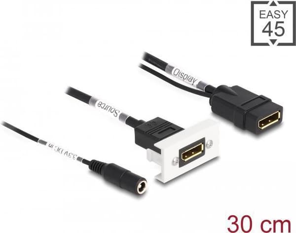 Delock Easy 45 DisplayPort 4K 60 Hz-modul med DC-indføring 2,1 x 5,5 mm og breakout-kabel, 22,5 x 45 mm (81385)