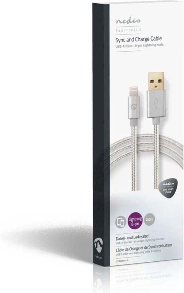 Nedis USB-kabel | USB 2.0 | Apple Lightning 8 Pin | USB-A han | 480 Mbps | forgyldt | 2,00 m | runde | Strikket / Nylon | Aluminium | Dæk vindueskasse