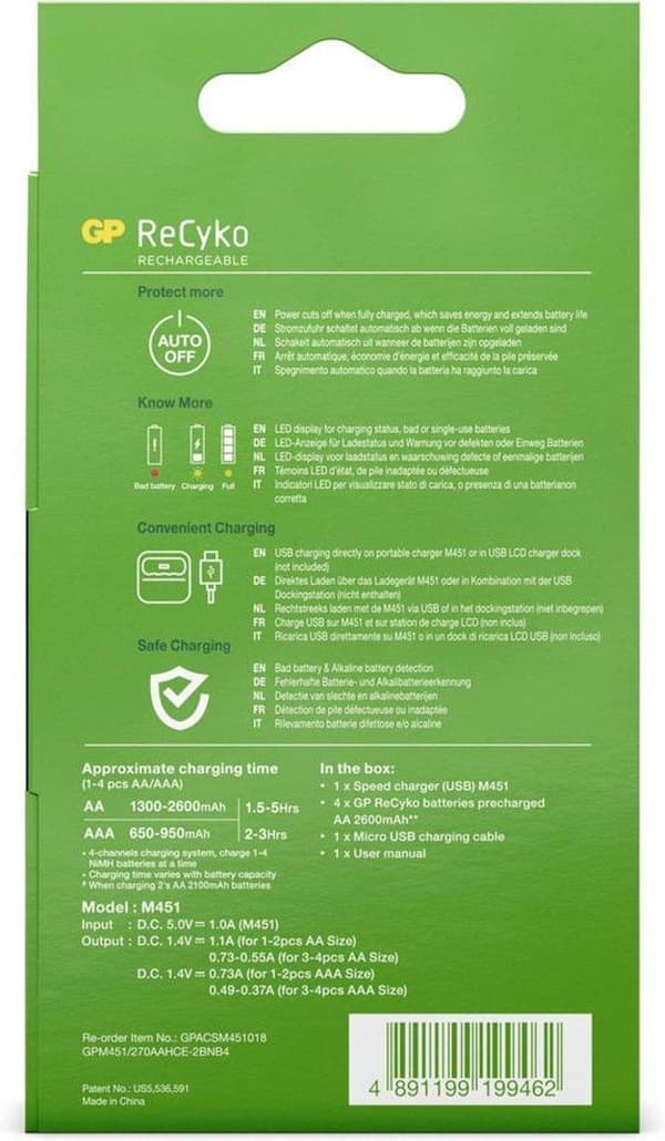 GP ReCyko AA/AAA Speed Oplader (USB) - Batterioplader - inkl. 4x AA batterier 2600mAh