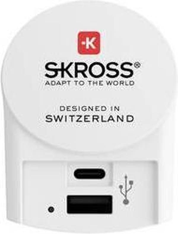 Skross - Resekontakt Europa 1x USB + 1x USB-C (Frontanslutning) Vit